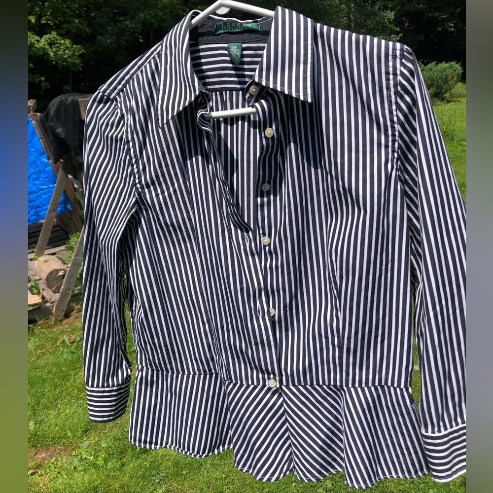 Lauren Ralph Lauren Black and White Striped Peplum Button Down Shirt - Picture 8 of 16